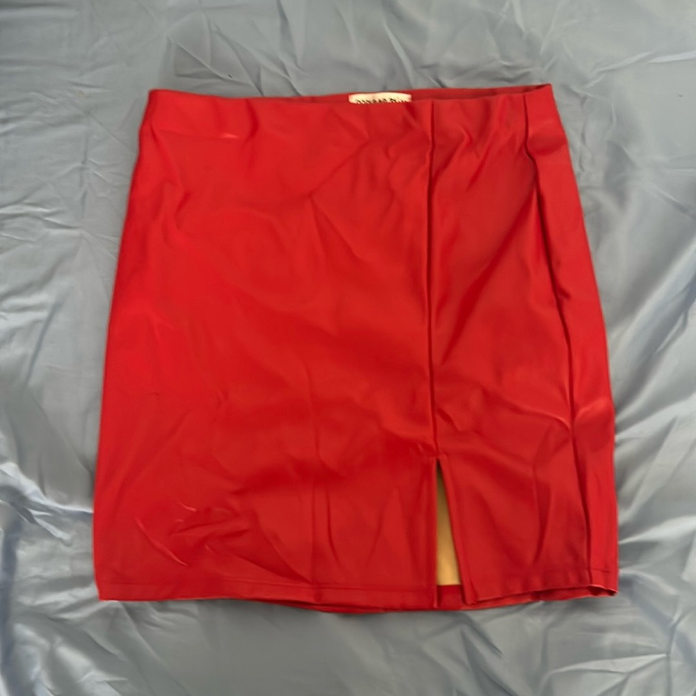 Red pleather pencil skirt with slit